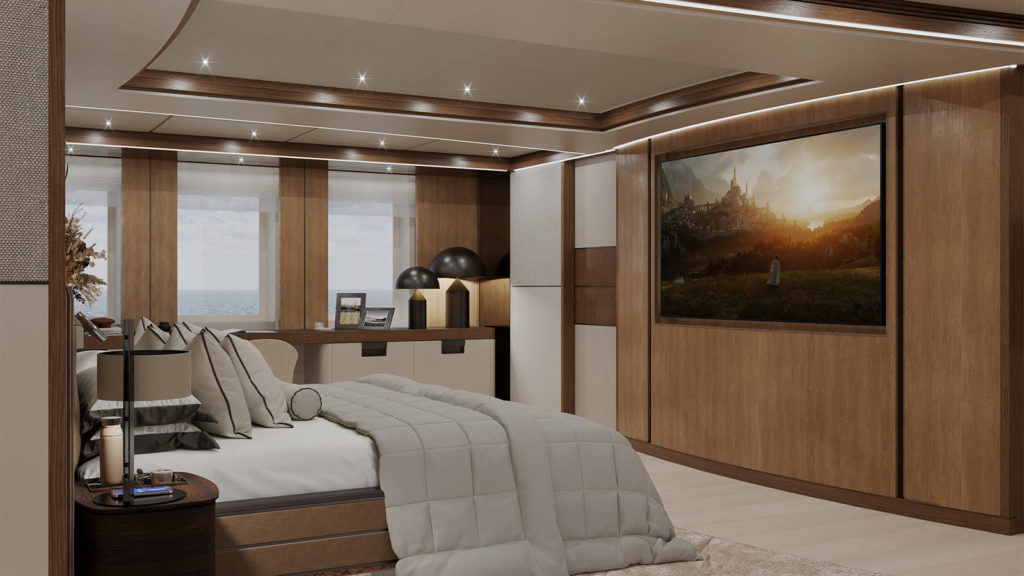 Luxurious bedroom interior with a large bed adorned with pillows and a comforter, wood paneling, a large wall-mounted TV, modern desk area with decorative items, and windows overlooking a sea view.