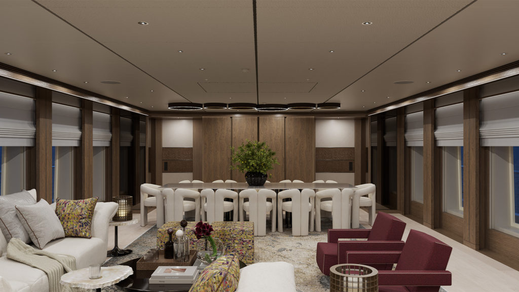 Luxuriously furnished interior of a yacht featuring a spacious room with a large dining table surrounded by elegant, white cushioned chairs. The room includes a sitting area with plush sofas and armchairs in deep red tones. A central arrangement of vibrant green plants on the dining table adds a touch of nature. The walls and ceiling are finished with rich wood textures, and large windows line the sides, adding to the opulence of the space.