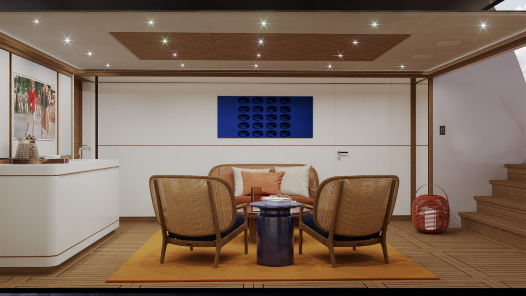 Modern interior room with wicker chairs and sofa surrounding a blue cylindrical table on a yellow rug, a blue abstract wall art, and a red lantern placed near a wooden staircase.