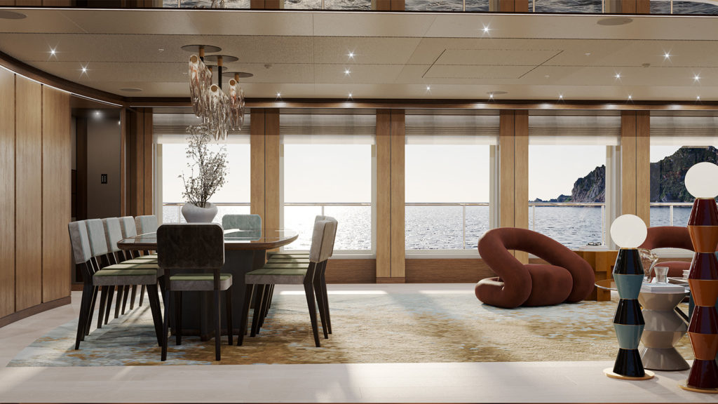 Luxurious yacht interior featuring a dining area with a round table and upholstered chairs, large windows with an ocean view, and a modern sculpture-like chair next to decorative lamps.