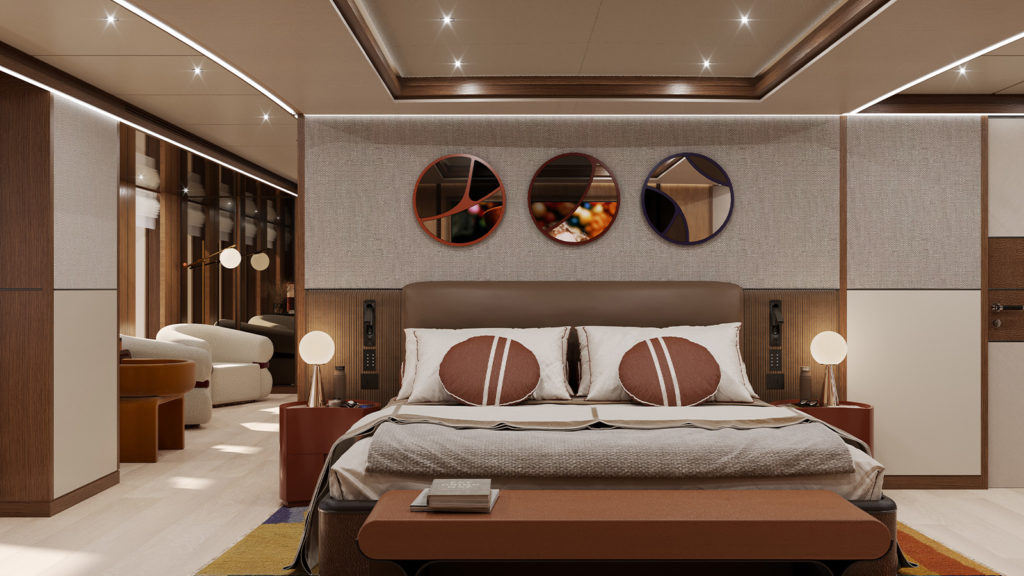 A stylish and modern bedroom featuring a bed with decorative pillows and a soft headboard. Above the bed, three round mirrors with abstract designs are mounted on a textured wall. The room includes elegant wood paneling, soft lighting, and a cozy seating area with upholstered chairs in the background.