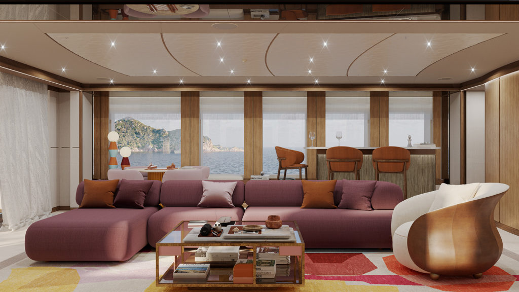 Luxurious modern living room with purple and orange seating, a glass coffee table, a colorful geometric rug, and large windows offering a scenic ocean view.