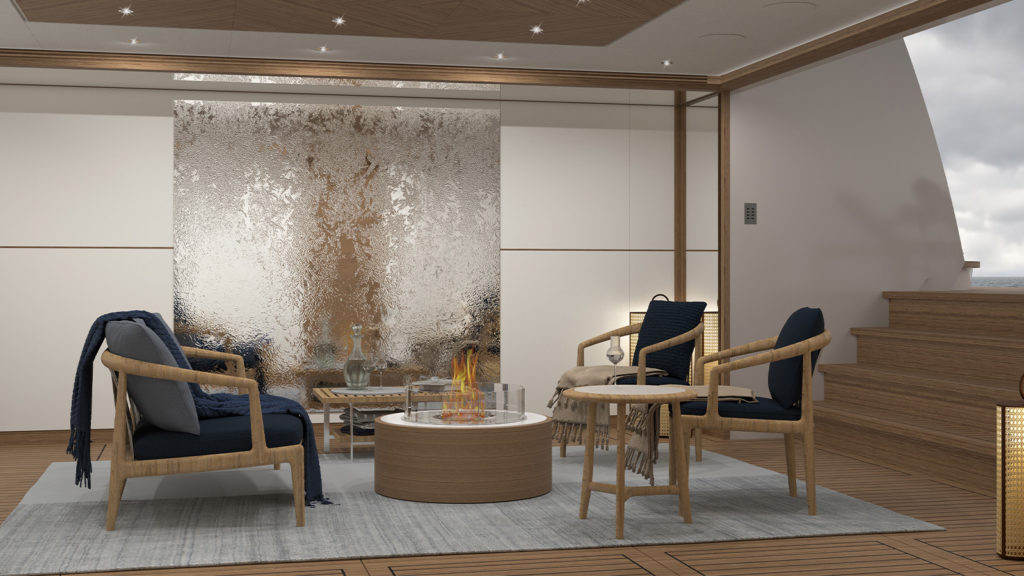 Modern interior seating area with wooden chairs, a central circular fire pit, and a textured glass partition, surrounded by wood paneling and a staircase.