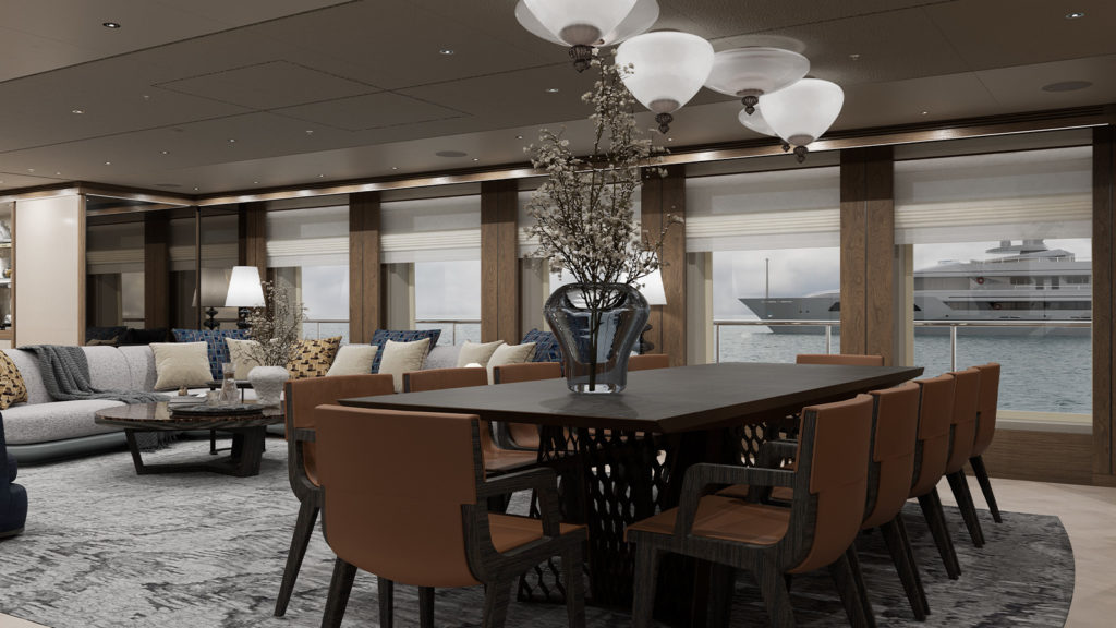 Luxurious interior of a yacht dining area with a long table, brown leather chairs, and modern light fixtures, featuring large windows with a view of another yacht outside on the water.