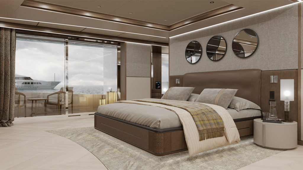 Luxurious bedroom interior on a yacht, featuring a large bed with beige and brown bedding, round wall mirrors, and a nightstand with a modern lamp. Large windows reveal a view of the sea and another yacht outside.