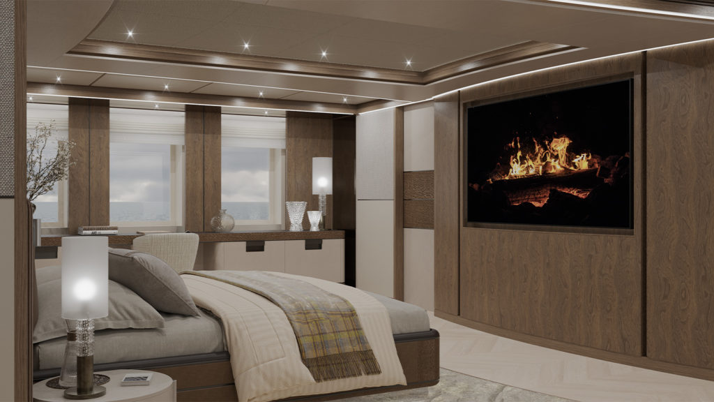 Luxurious bedroom interior with a large bed, soft lighting, a fireplace on a wall-mounted screen, and ocean views through windows.