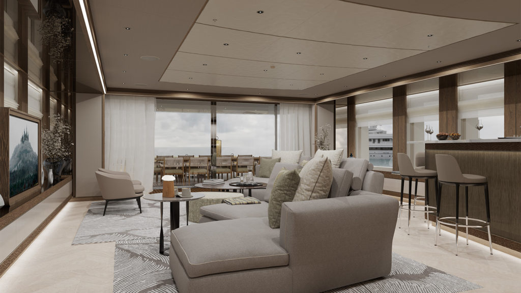 Luxurious yacht interior with modern furniture, including a large sectional sofa, a dining table with chairs, a bar area with stools, and a flat-screen TV. Large windows offer an ocean view.