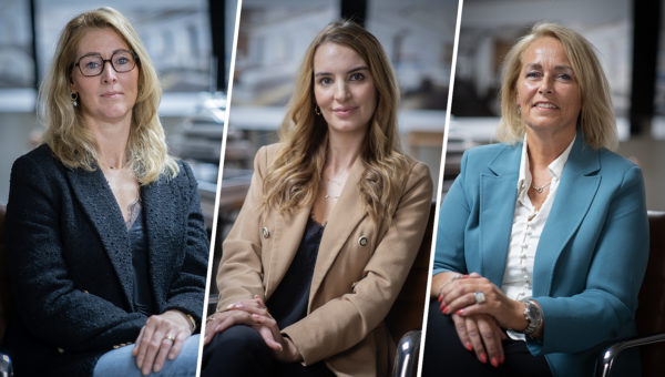 A triptych of three women seated indoors, each in a different professional setting. The woman on the left wears a black jacket and glasses, the woman in the middle wears a beige blazer, and the woman on the right wears a blue blazer.