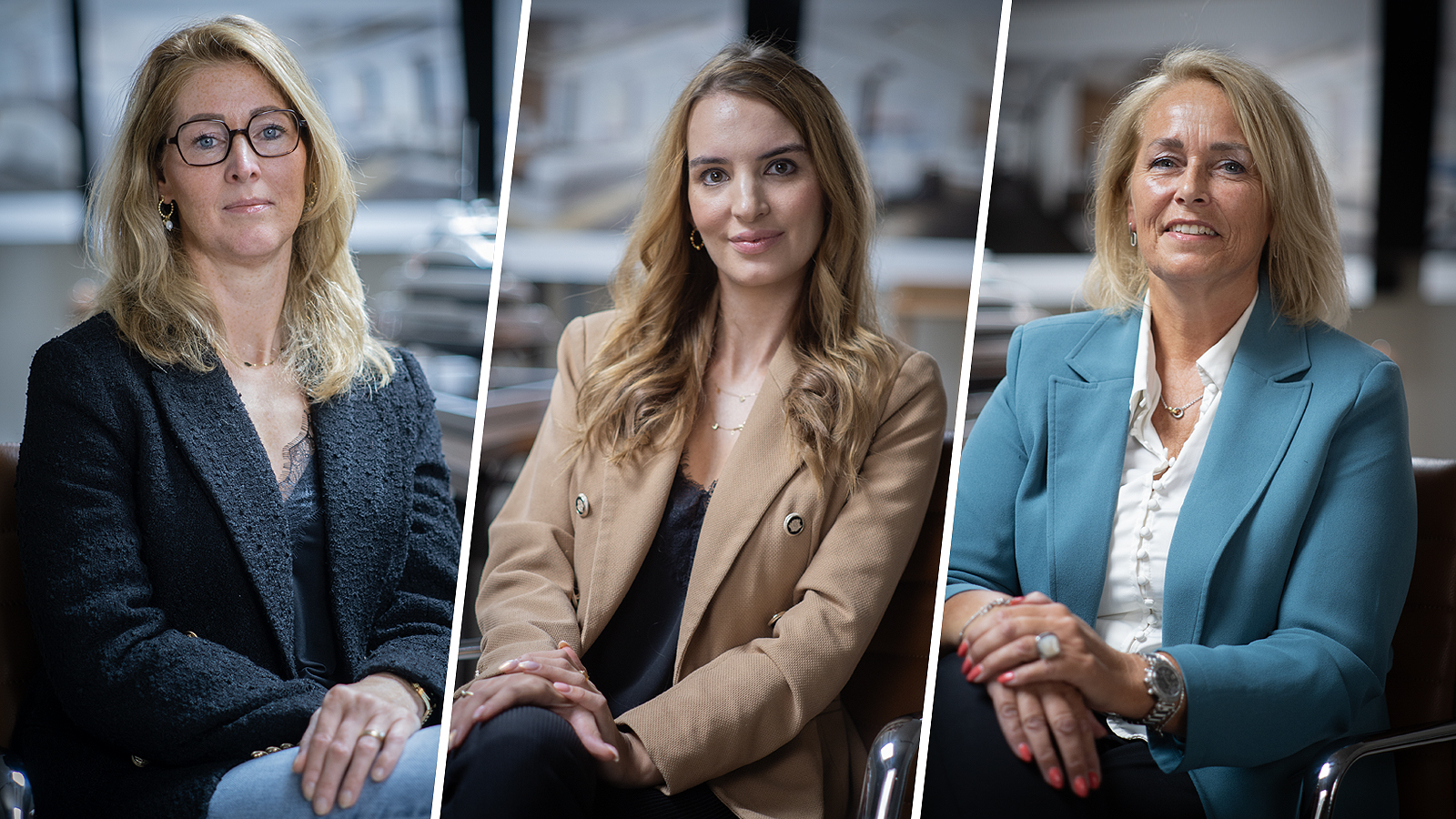 A triptych of three women seated indoors, each in a different professional setting. The woman on the left wears a black jacket and glasses, the woman in the middle wears a beige blazer, and the woman on the right wears a blue blazer.